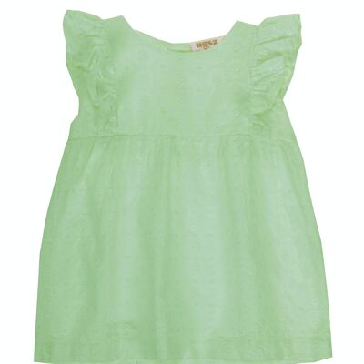 Baby girl dress in light green Swiss embroidered cotton fabric, short sleeves. (3M-48M)