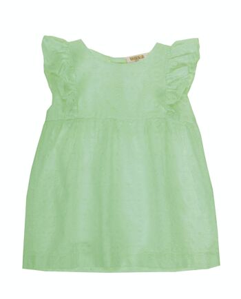 Robe bébé fille en tissu de coton suisse brodé vert clair, manches courtes. (3M-48M) 1