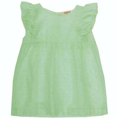 Vestido de bebé niña en tejido bordado suizo de algodón color verde claro, manga corta. (3M-48M)