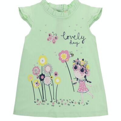 Vestido de bebé niña en punto liso de algodón elástico con estampado delante color verde claro, manga corta. (3M-48M)