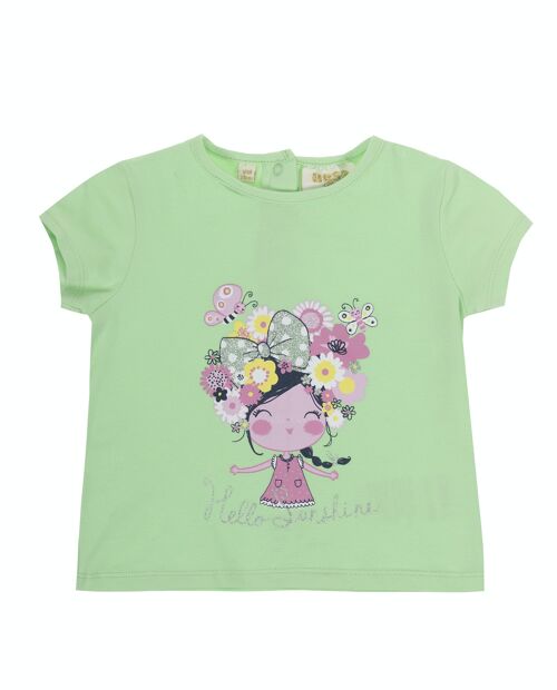 Camiseta de bebé niña en punto liso elástico de algodón color verde  claro, manga  corta, estampado  delante.  (3M-48M)