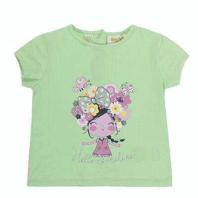 Baby girl's t-shirt in light green stretch cotton single jersey, short sleeves, print on the front. (3M-48M)