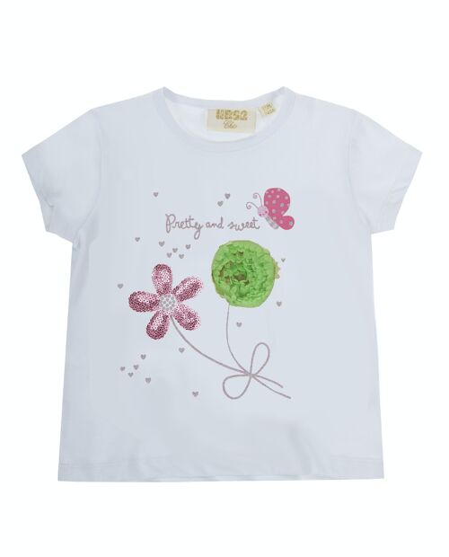 Camiseta de bebé niña en punto liso elástico de algodón color blanco, manga corta, estampado  y  bordado delante.  (3M-48M)