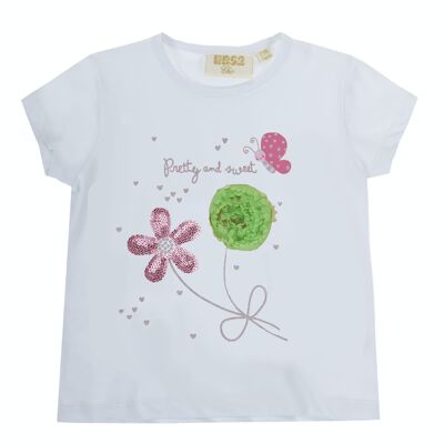 Camiseta de bebé niña en punto liso elástico de algodón color blanco, manga corta, estampado  y  bordado delante.  (3M-48M)