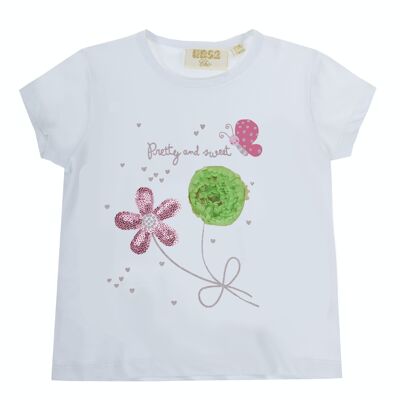 T-shirt bianca da neonata in single jersey di cotone stretch, maniche corte, stampa e ricamo sul davanti. (3M-48M)