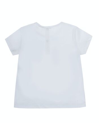 T-shirt blanc bébé fille en jersey simple de coton stretch, manches courtes, imprimé et broderie devant. (3M-48M) 2