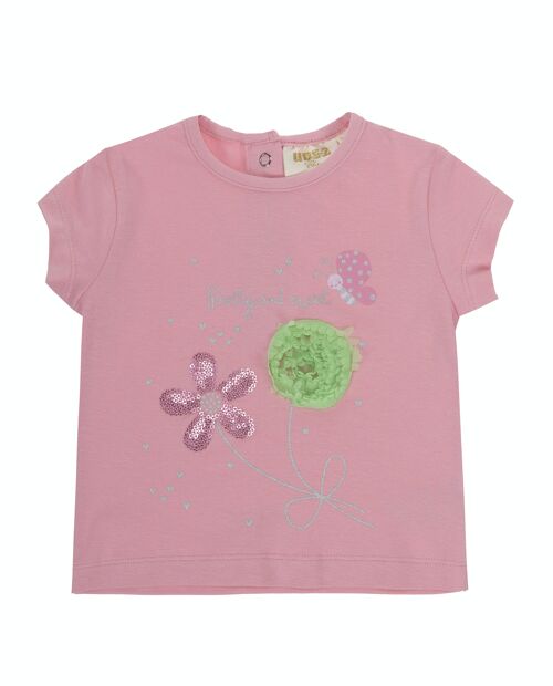 Camiseta de bebé niña en punto liso elástico de algodón  color  rosa, manga corta, estampado y bordado delante. (3M-48M)
