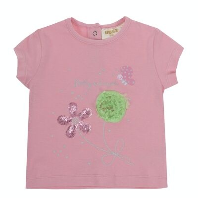 Baby girl's pink stretch cotton single jersey T-shirt, short sleeves, print and embroidery on the front. (3M-48M)