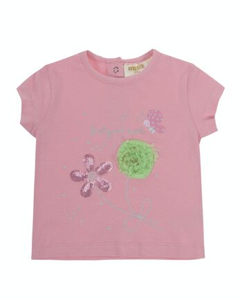 T-shirt rose bébé fille en jersey simple de coton stretch, manches courtes, imprimé et broderie devant. (3M-48M) 1