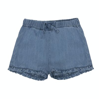 Baby-Mädchen-Shorts aus mittelblauem Baumwollstoff, Gummiband und Schleife in der Taille. (3M-48M)