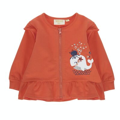 Baby-Sweatshirt aus korallenrotem Baumwoll-Fleece-Stretch, lange Ärmel, Aufdruck auf der Vorderseite. (3M-48M)