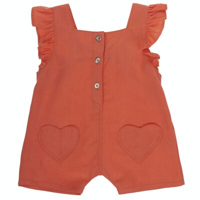 Baby girl's coral lyocell jumpsuit, heart pockets on the front. (3M-48M)