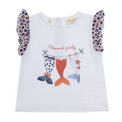 Baby girl's white stretch cotton single jersey T-shirt, short sleeves with ruffles, print on the front. (3M-48M)