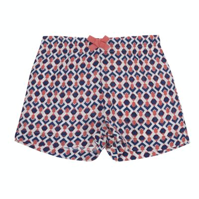 Baby girl shorts in white organic viscose with coral and navy blue print, elasticated waist with bow. (3M-48M)