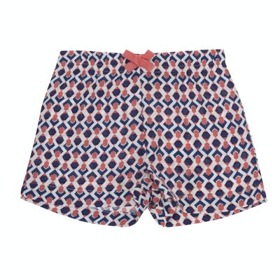 Short bébé fille en viscose bio blanche imprimé corail et bleu marine, taille élastiquée avec nœud. (3M-48M)