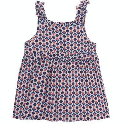 Kleid für Babymädchen aus weißer Bio-Viskose mit korallenrotem und marineblauem Aufdruck, Träger mit Schleife. (3M-48M)