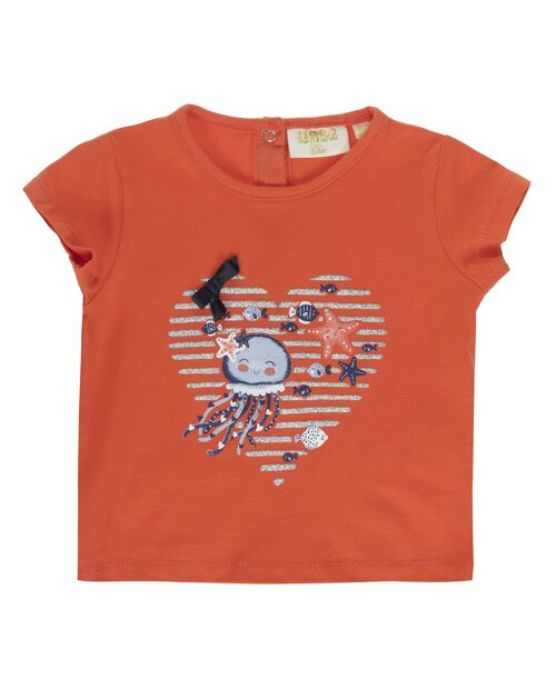 Camiseta de bebé  niña  en punto liso elástico de  algodón color coral , manga corta, estampado delante.  (3M-48M)
