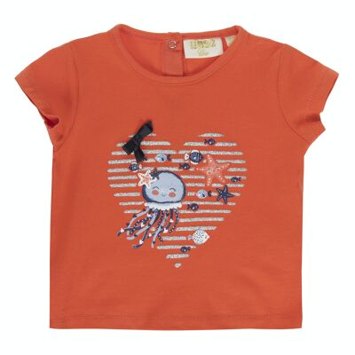 Baby-Mädchen-T-Shirt aus elastischem Baumwoll-Single-Jersey in Koralle, kurze Ärmel, Aufdruck auf der Vorderseite. (3M-48M)
