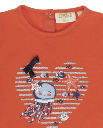 T-shirt bébé fille en jersey simple élastique de coton corail, manches courtes, imprimé devant. (3M-48M) 3