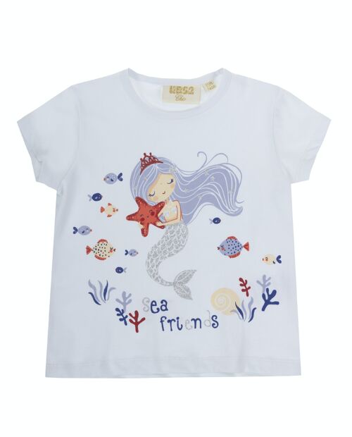 Camiseta de  bebé niña en  punto liso elástico de algodón color blanco , manga corta , estampado  delante. (3M-48M)