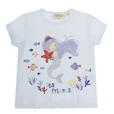 White stretch cotton single jersey baby girl T-shirt, short sleeves, print on the front. (3M-48M)