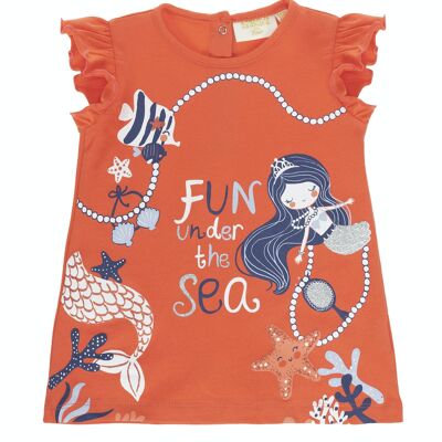 Baby girl dress in stretch cotton single jersey with coral color print on the front, short sleeves. (3M-48M)