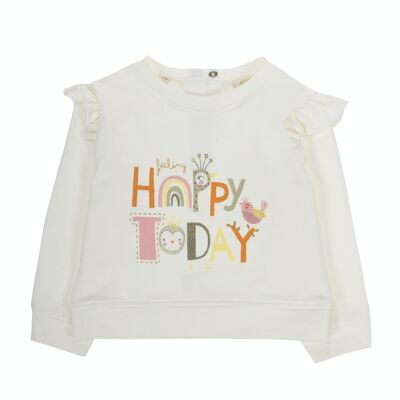Baby-Mädchen-Sweatshirt aus Ecru-Stretch-Baumwollfleece, lange Ärmel, Aufdruck auf der Vorderseite. (3M-48M)
