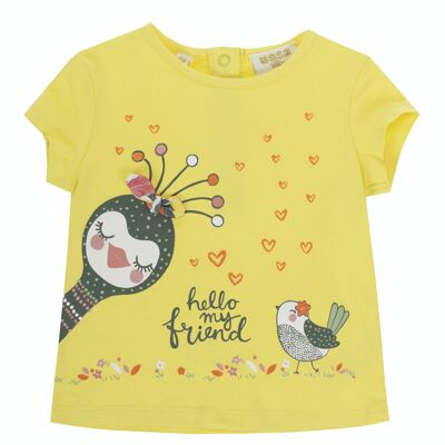 Camiseta de bebé niña en punto lilso elástico de algodón color amarillo  claro , manga corta, estampado delante. (3M-48M)