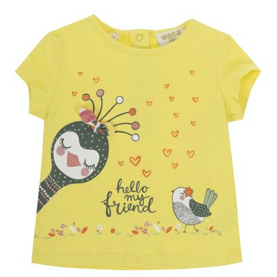 T-shirt bébé fille en jersey de coton stretch jaune clair, manches courtes, imprimé devant. (3M-48M)