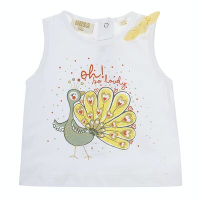 T-shirt ecrù da neonata in cotone single jersey, bretelle, stampa davanti. (3M-48M)