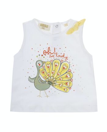 T-shirt bébé fille en jersey simple de coton écru, bretelles, imprimé devant. (3M-48M) 1