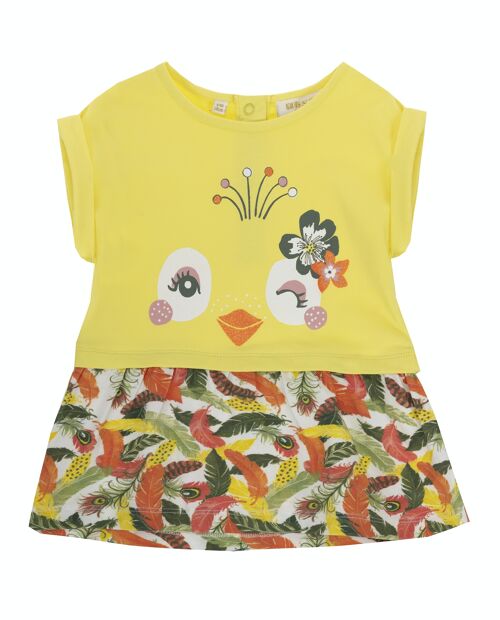 Vestido de bebé niña en punto elástico de algodón amarillo claro y estampado plumas naranjas, manga corta.Cierre mediante botones automáticos en espalda. (3M-48M)