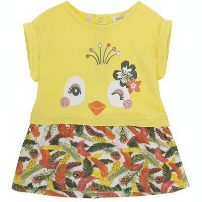 Baby girl dress in light yellow elastic cotton jersey with orange feather print, short sleeves. Press-stud fastening on the back. (3M-48M)