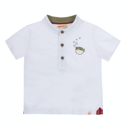 Weißes Poloshirt aus Single-Jersey-Baumwolle für Jungen, Mao-Kragen, kurze Ärmel, Aufdruck auf der Vorderseite. (3M-48M)
