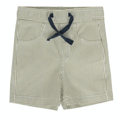 Bermuda bébé garçon en twill élastique écru à rayures kaki, cinq poches. (3M-48M)