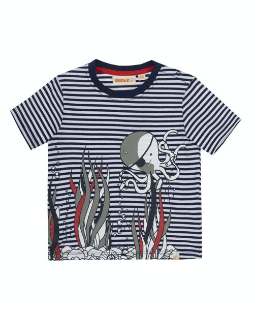 Camiseta de bebé niño en punto rayas de algodón color azul marino y blanco, manga corta, estampado delante. (3M-48M)