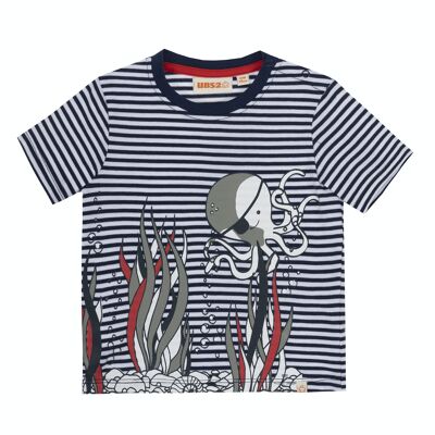 Camiseta de bebé niño en punto rayas de algodón color azul marino y blanco, manga corta, estampado delante. (3M-48M)