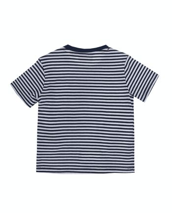 T-shirt bébé garçon en coton rayé bleu marine et blanc, manches courtes, imprimé devant. (3M-48M) 2