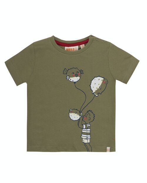 Camiseta de bebé niño en punto liso  de  algodón  en  color kaki , manga corta , estampado delante.    (3M-48M)