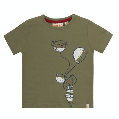 Baby boy's khaki single jersey cotton T-shirt, short sleeves, print on the front. (3M-48M)