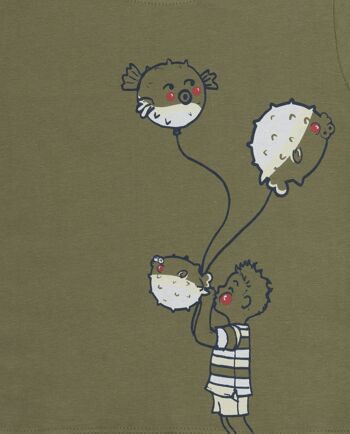 T-shirt bébé garçon en jersey simple de coton kaki, manches courtes, imprimé devant. (3M-48M) 3