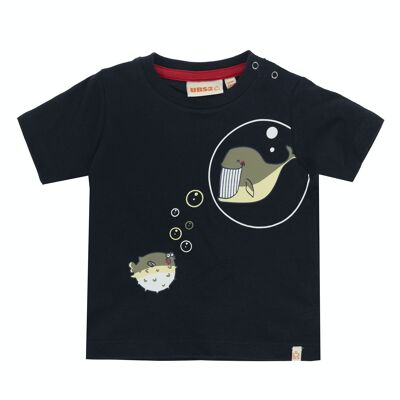 T-shirt per neonato in cotone single jersey blu navy, maniche corte, stampa sul davanti. (3M-48M)