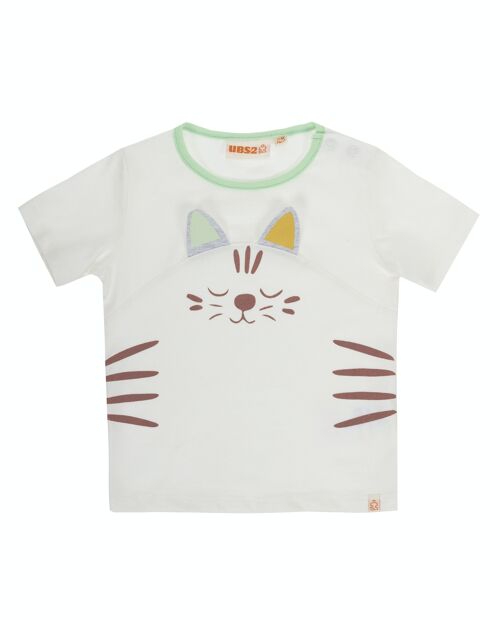 Camiseta de punto algodón de bebé niño con estampado gato color crudo, manga corta. (3M-48M)