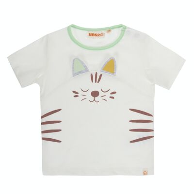 Baby boy cotton jersey T-shirt with ecru cat print, short sleeves. (3M-48M)