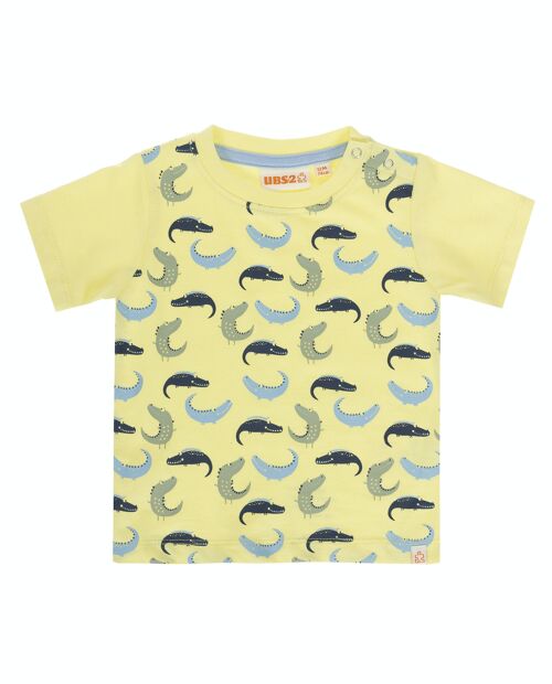 Camiseta de bebé niño en punto liso de algodón amarillo claro , manga corta , toda estampada. (3M-48M)