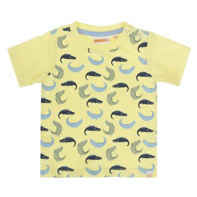 Light yellow cotton single jersey baby boy T-shirt, short sleeves, all over print. (3M-48M)