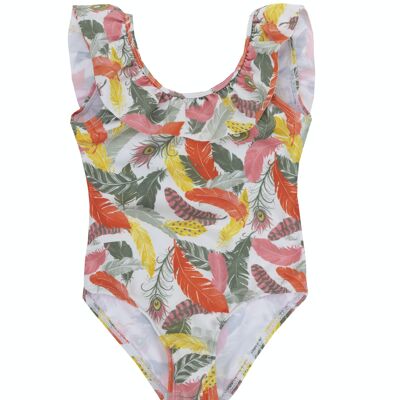 Baby girl's orange feather print swimsuit. (3M-48M)