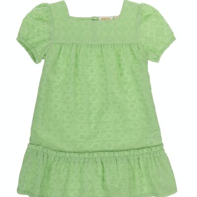 Vestido de niña en tejido bordado suizo de algodón color verde claro, manga corta . (2y-16y)