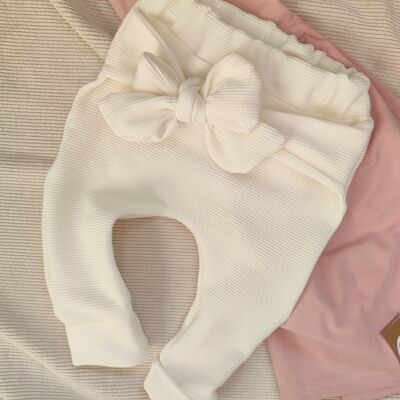 Pantalon Bébé Blanc Crème Côtelé Avec Nœud