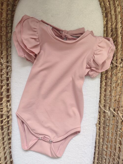 Powder Pink Bodysuit With Ruffles Short Sleeves